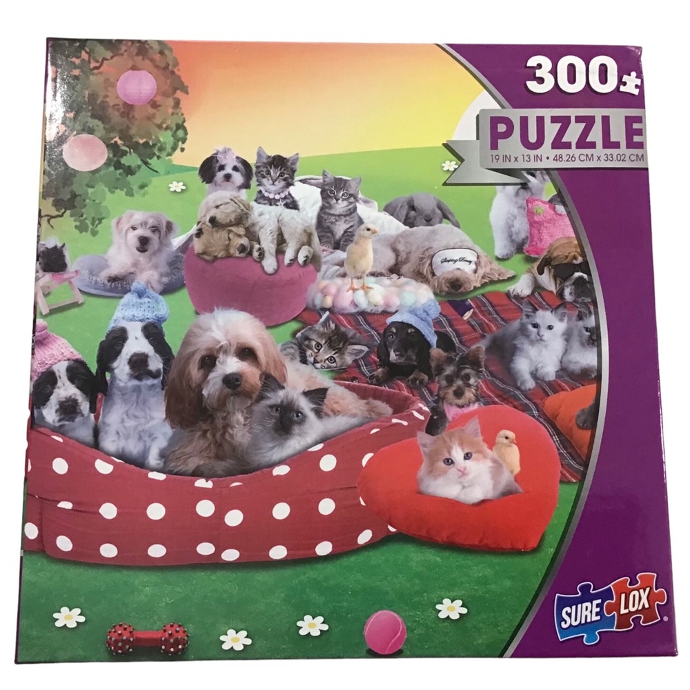Dogs Cats Jigsaw Puzzle Sure Lox 300 Pieces Movie Night Screen Plaid Blanket